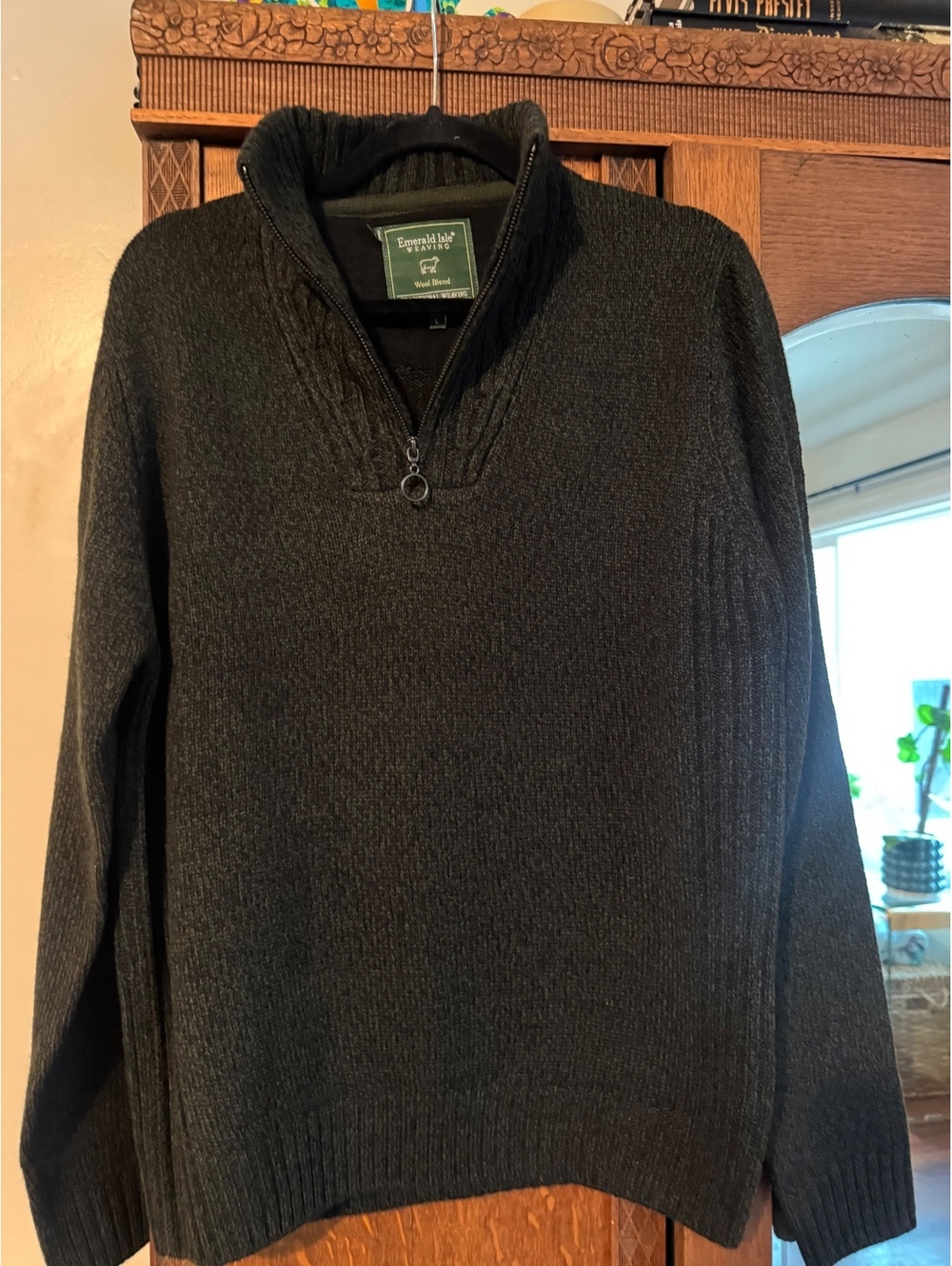 Emerald Isle Weaving Dark Forest Green Wool Blend Mock Neck Quarter-Zip Pullover